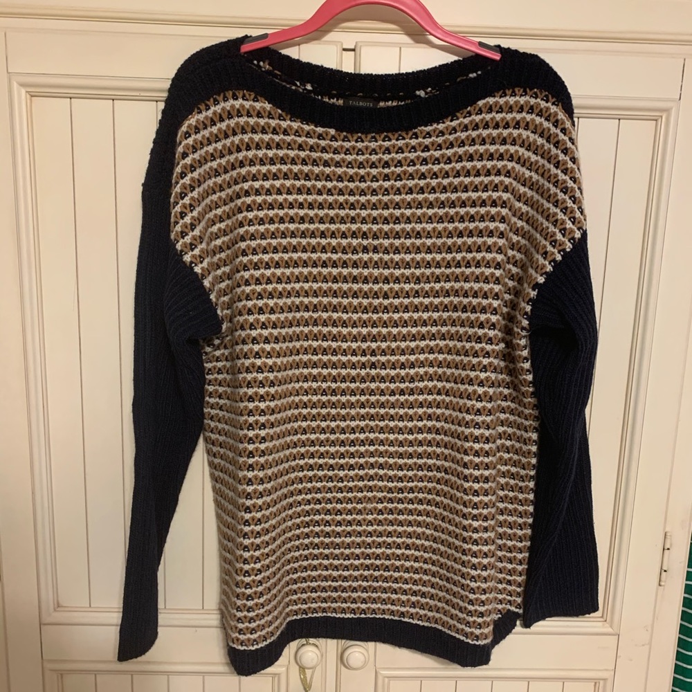 Talbots blue, camel, and white sweater